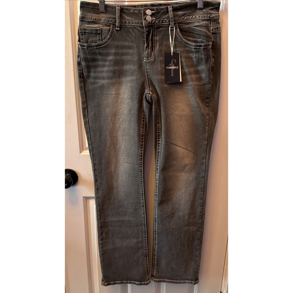 Flamingals Straight Leg Jeans Women 2XL Black NEW Distressed Mid-Rise 30.5 In